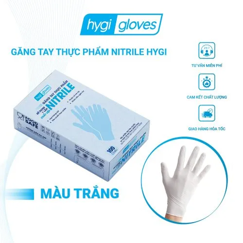 Găng tay thực phẩm Nitrile Hygi, màu Trắng, 100 chiếc